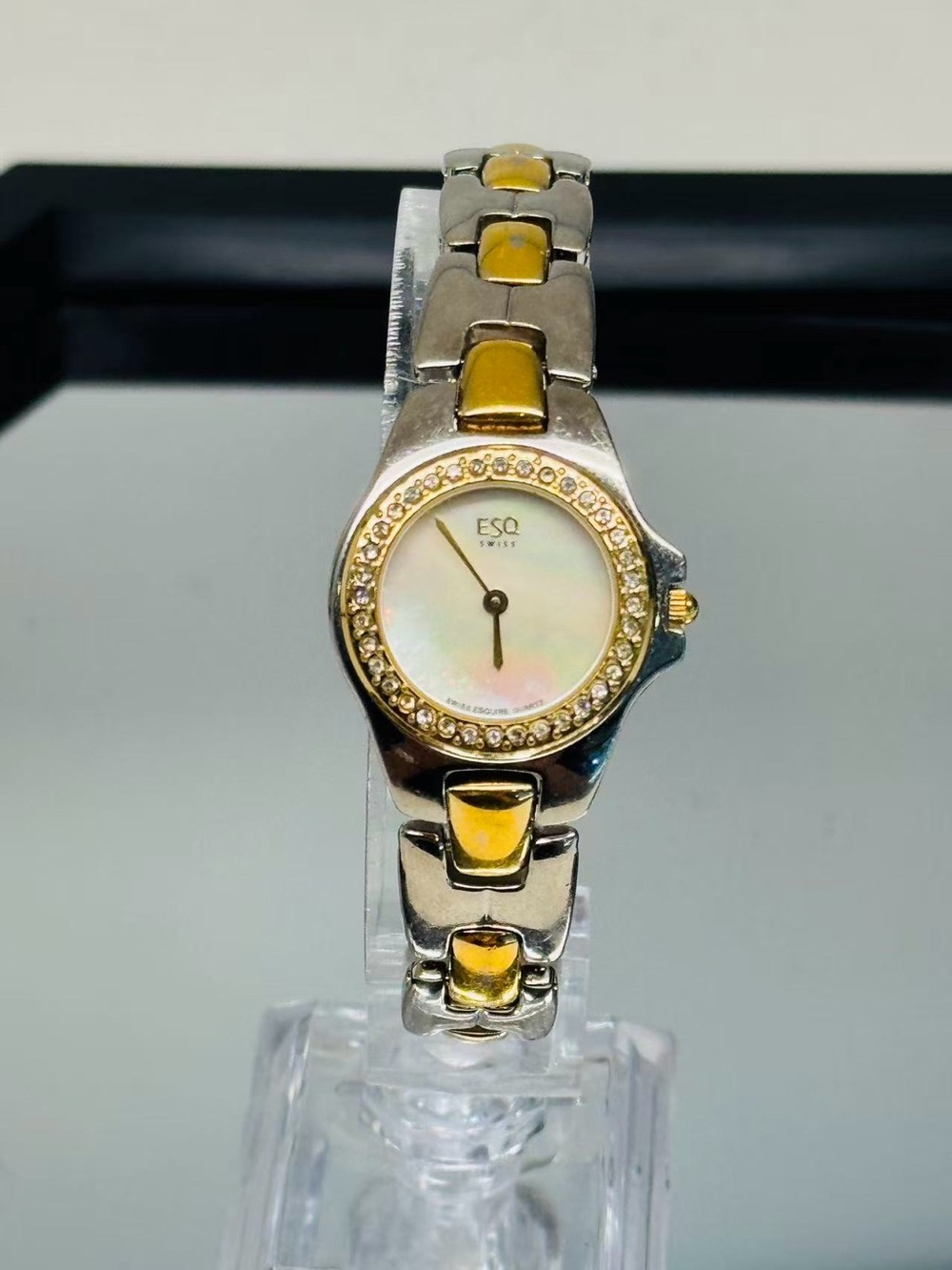 ESQ by Movado Swiss Quartz Mother of Pearl Crystal Bezel Watch 23mm New Battery
